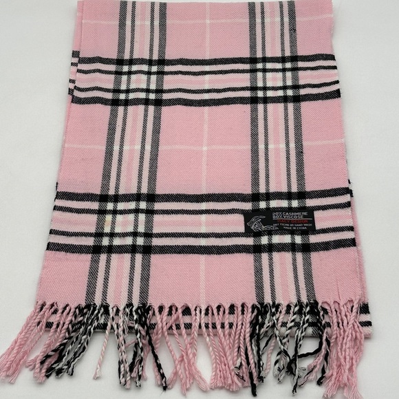 Cashmere Blend Scarf Pink Black & White Plaid With Fringe 68” x 12” Winter - Picture 1 of 6